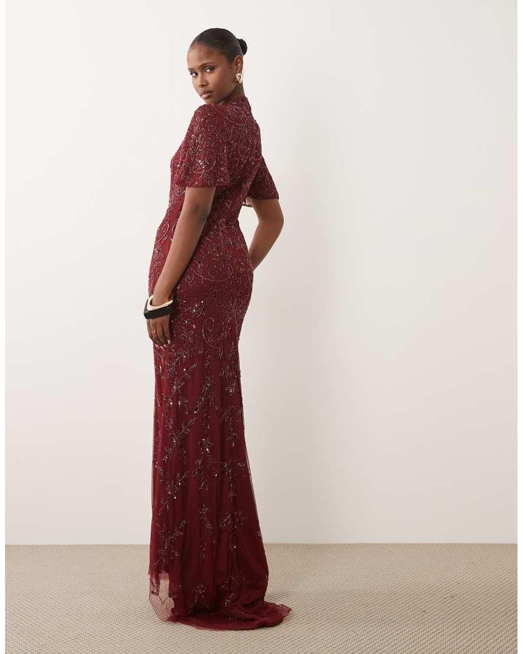 Beauut Red Embellished High Neck Flutter Sleeve Maxi Dress