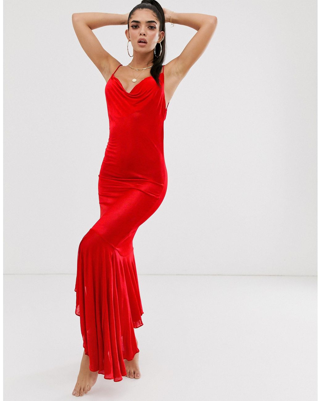 red slinky cowl neck dress