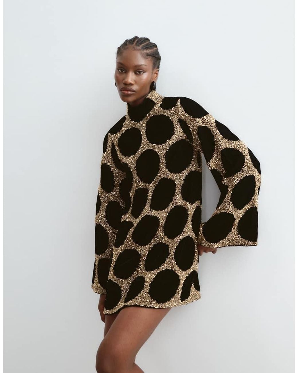 ARRANGE Natural Embellished Spot Long Sleeve Mini Dress