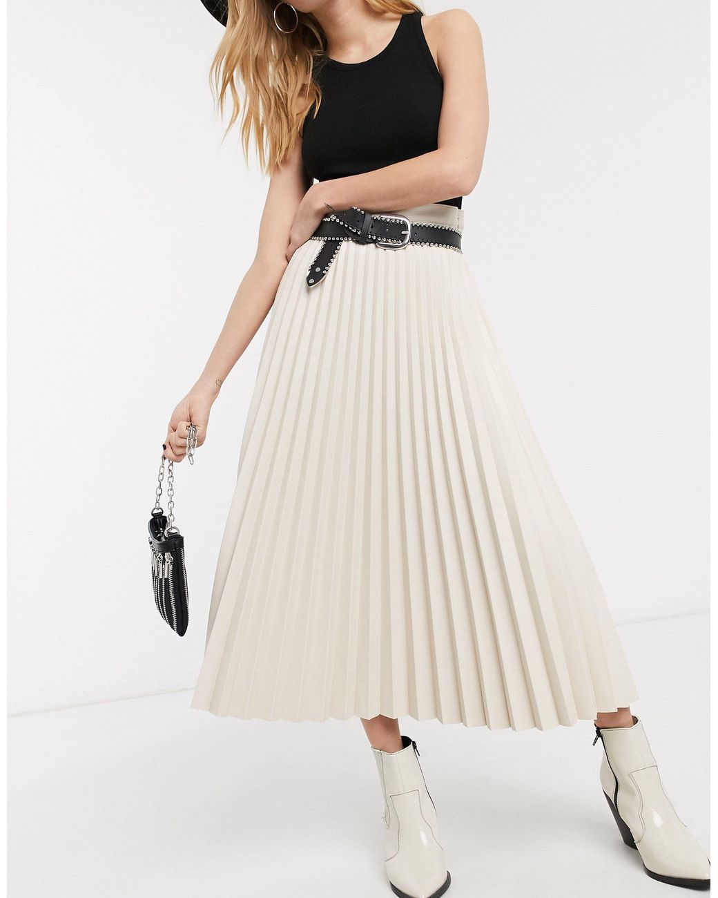 TOPSHOP Faux Leather Pleated Midi Skirt in Natural | Lyst