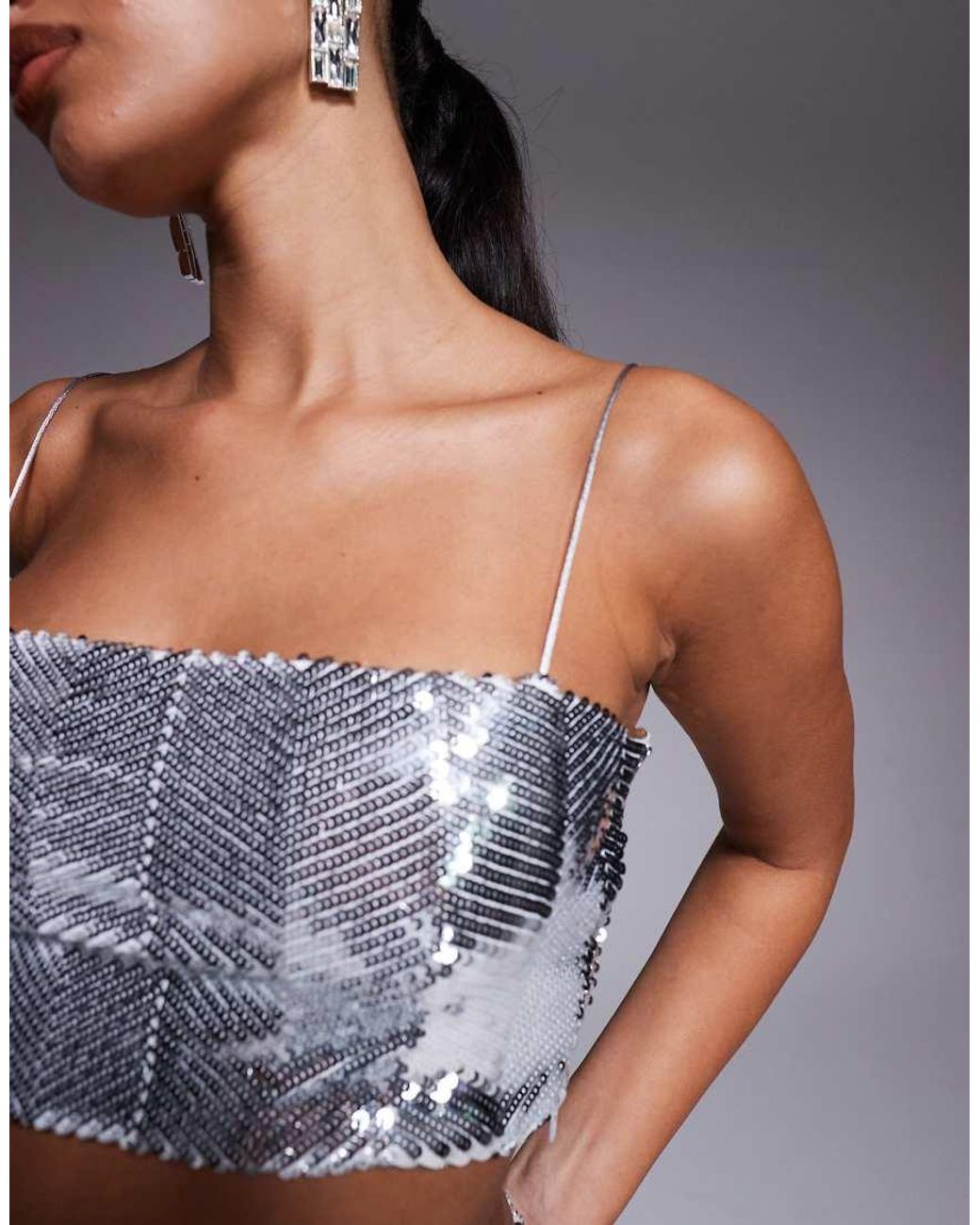 Vesper Gray Sequin Cami Strap Crop Top