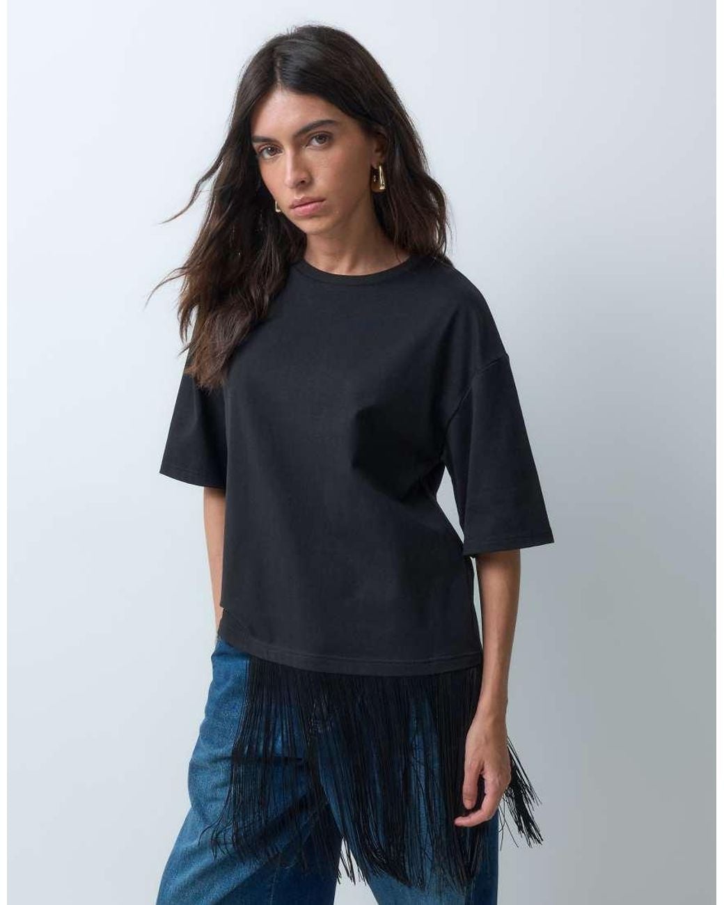 Jdy Blue Oversized T-Shirt With Fringes Detail