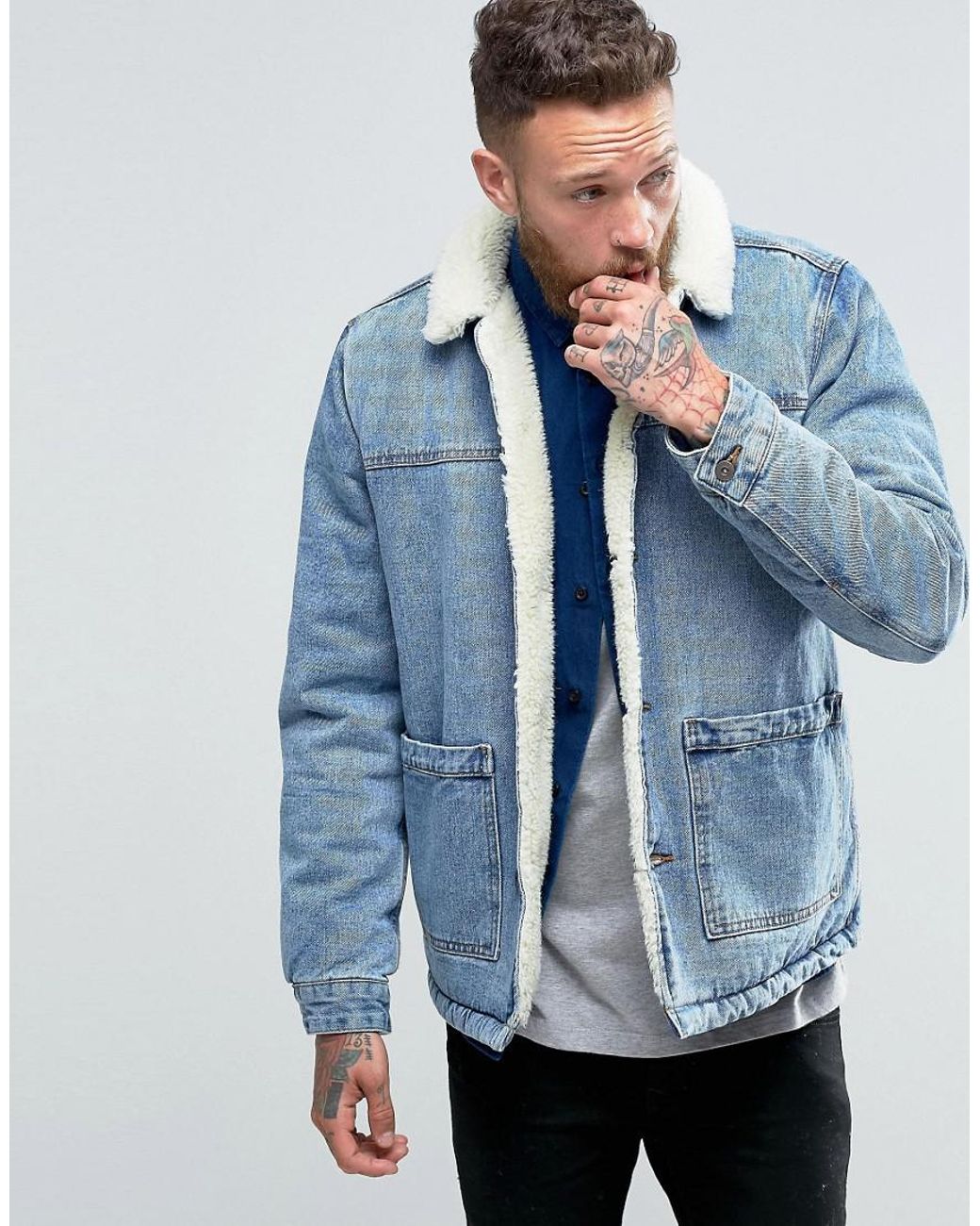 ASOS Fully Borg Lined Denim Jacket In Blue Wash for Men | Lyst Australia