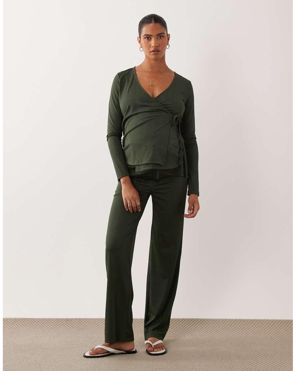 Mama.licious Green Mamalicious Maternity Ribbed Jersey Wrap Front Nursing Friendly Top Co-ord