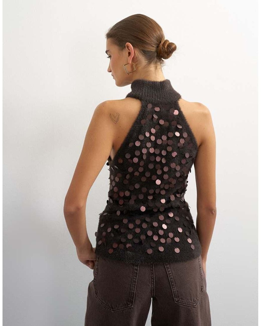 TOPSHOP Black Knitted Halter Neck Sequin Top
