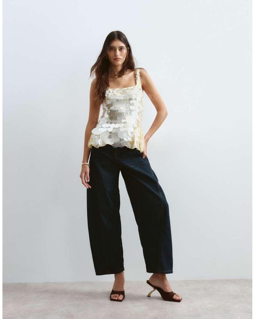 ARRANGE White Embellished Disc Sequin Square Neck Top