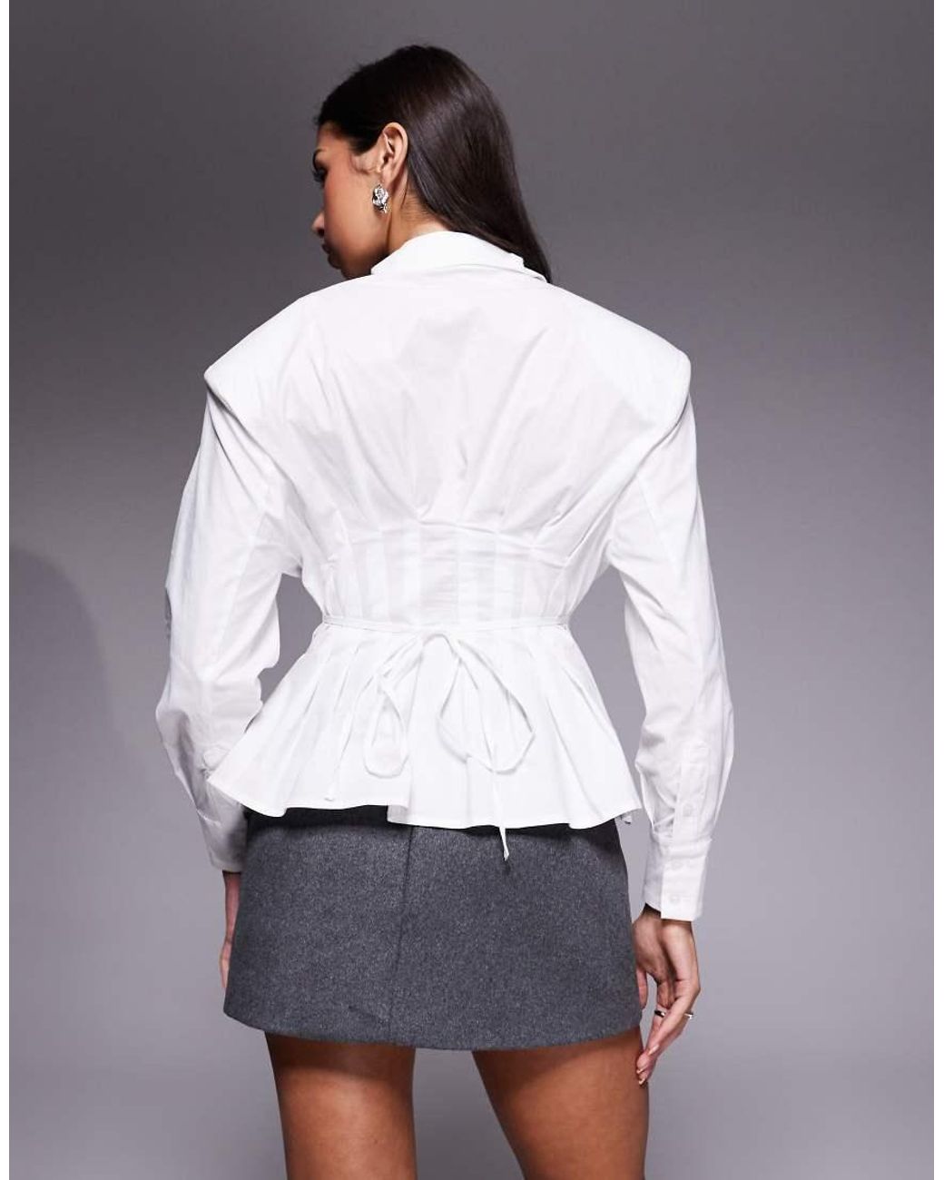 Wanderdoll White Andy Shoulder Pad Cinched Waist Button Through Shirt