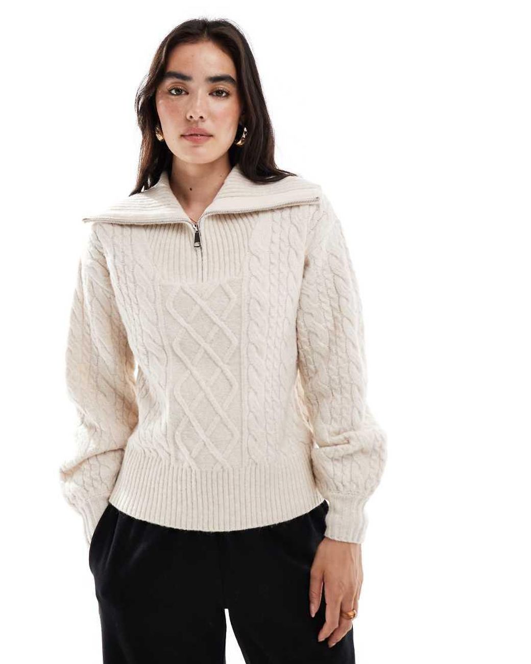 Threadbare White Cable Knit 1/4 Zip Jumper With Collar