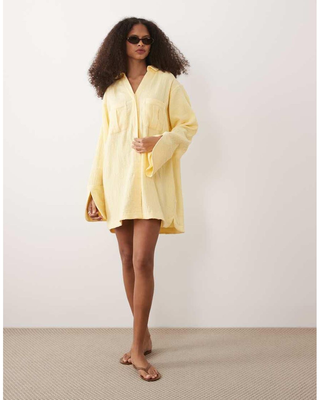 ASOS Natural Double Cloth Mini Shirt Dress With Wide Cuffs And Oversized Pockets