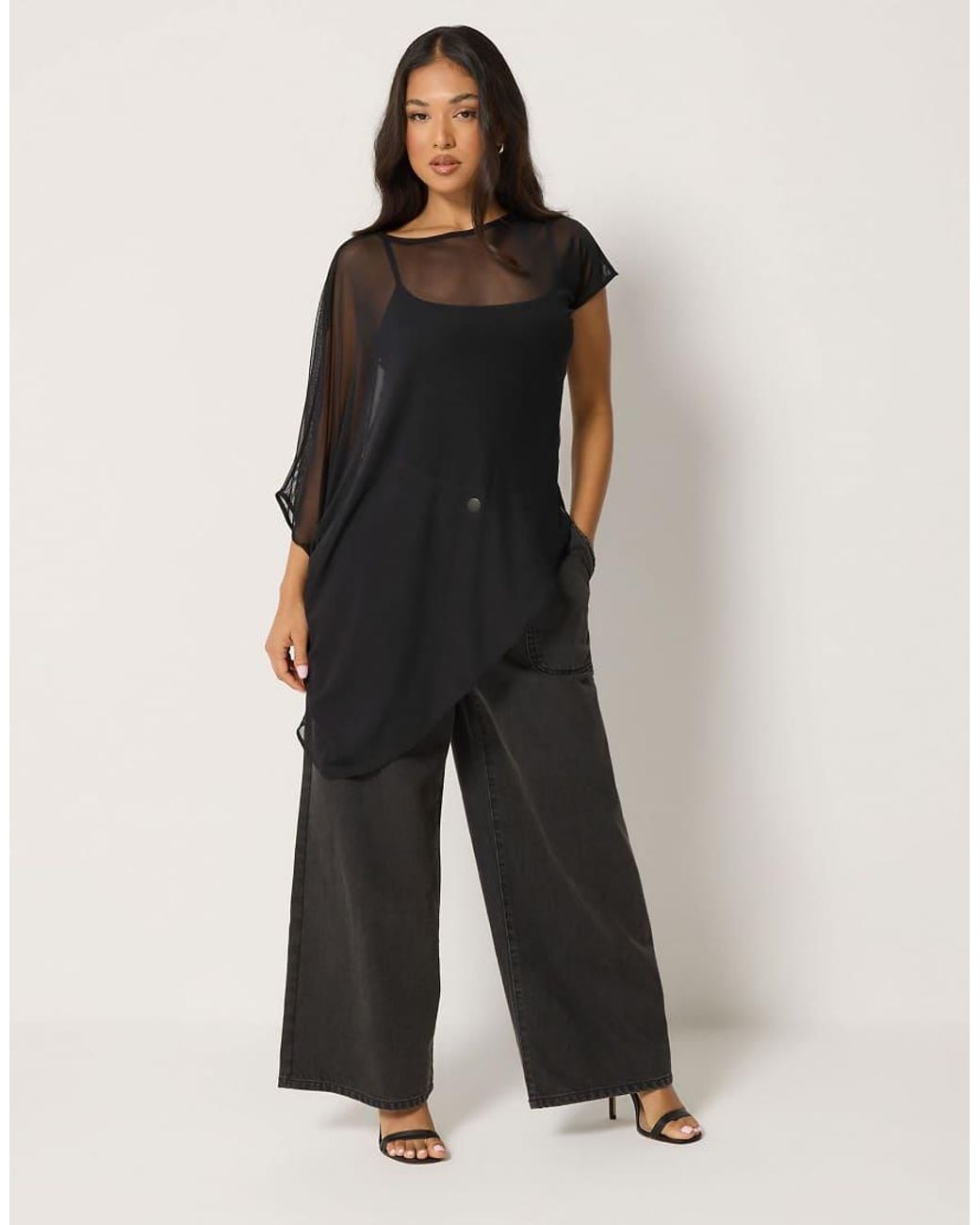 PixieGirl Black Petite Mesh Asymmetric Cape Top