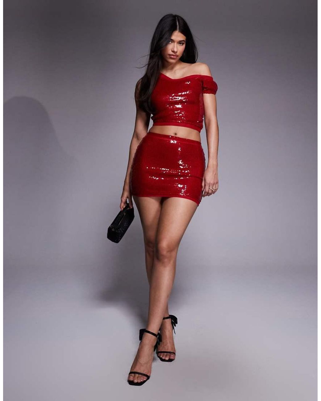 ASOS Top Van Mesh Met Asymmetrische Blote Schouder En Lovertjes in het Red