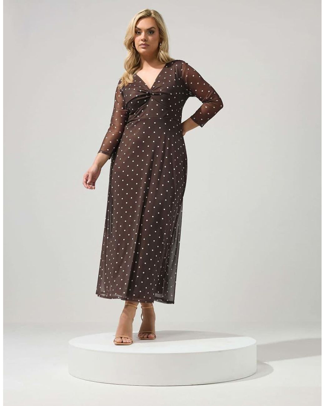 Yours Clothing Brown Polka Dot Knot Front Dress