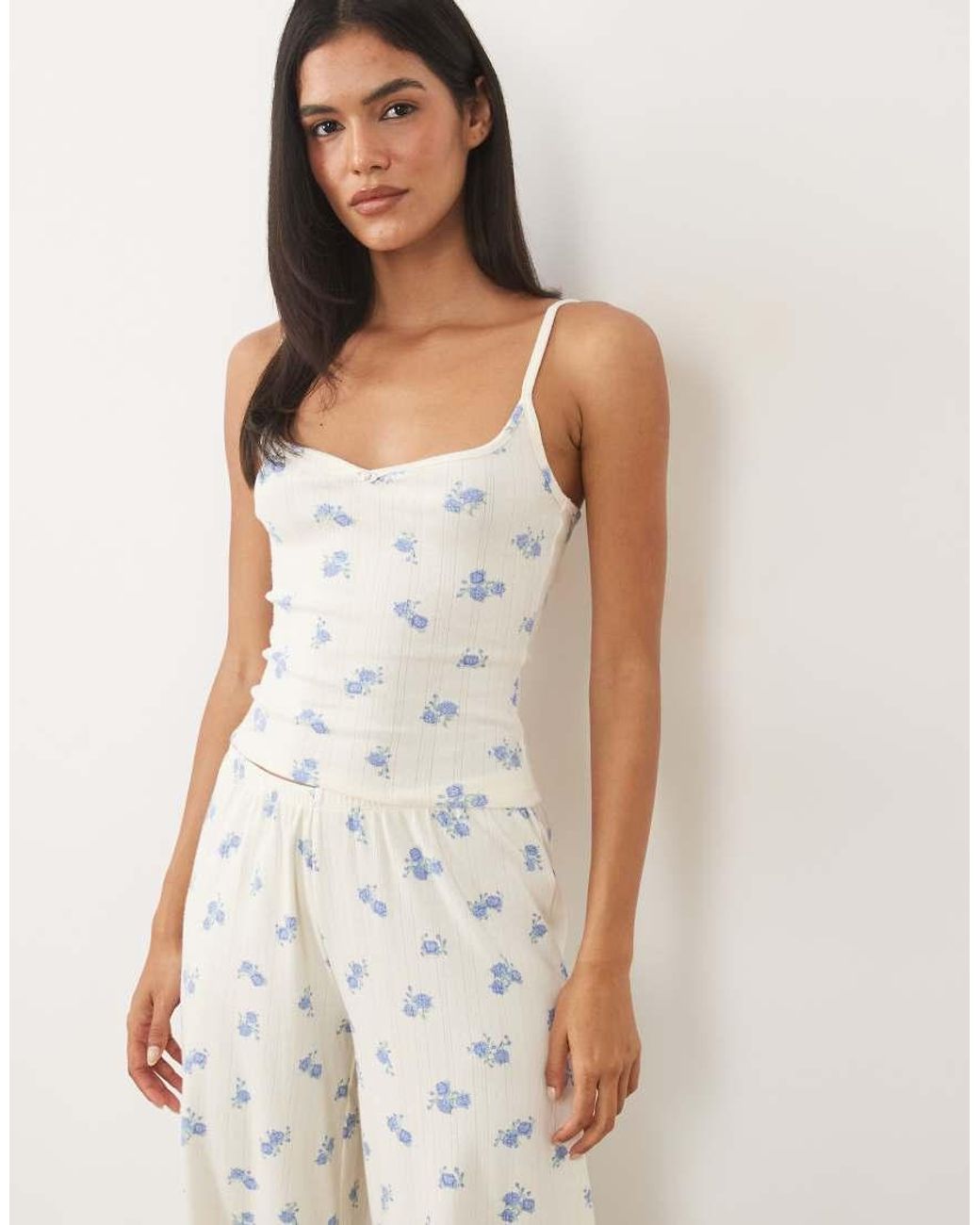 Cotton On White Pyjama Pointelle Longline Cami And Wide Leg Trousers