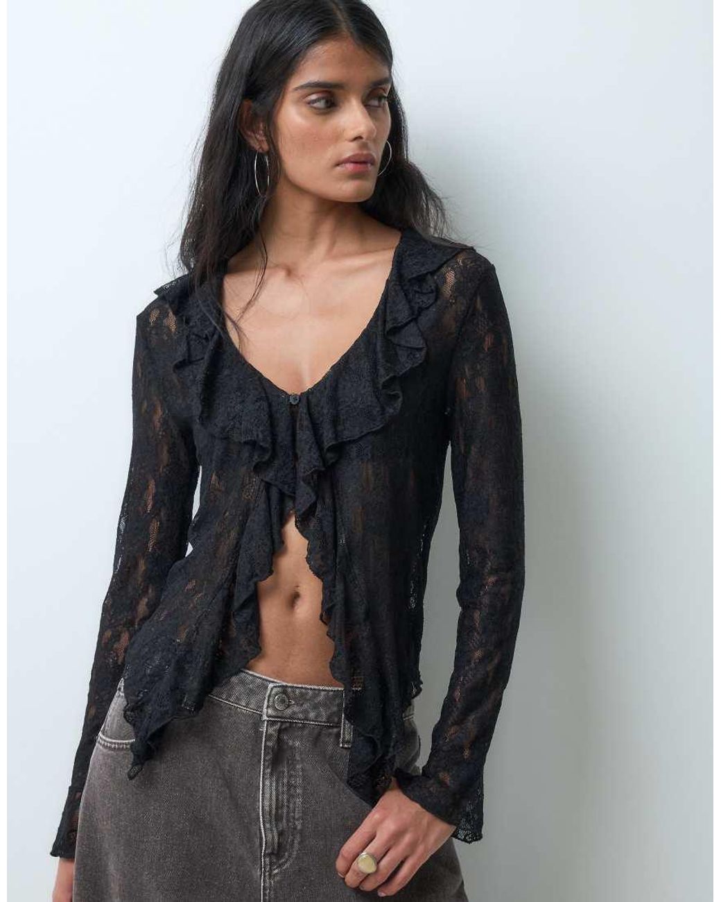 Miss Selfridge Black Long Sleeve Lace Top With Ruffles
