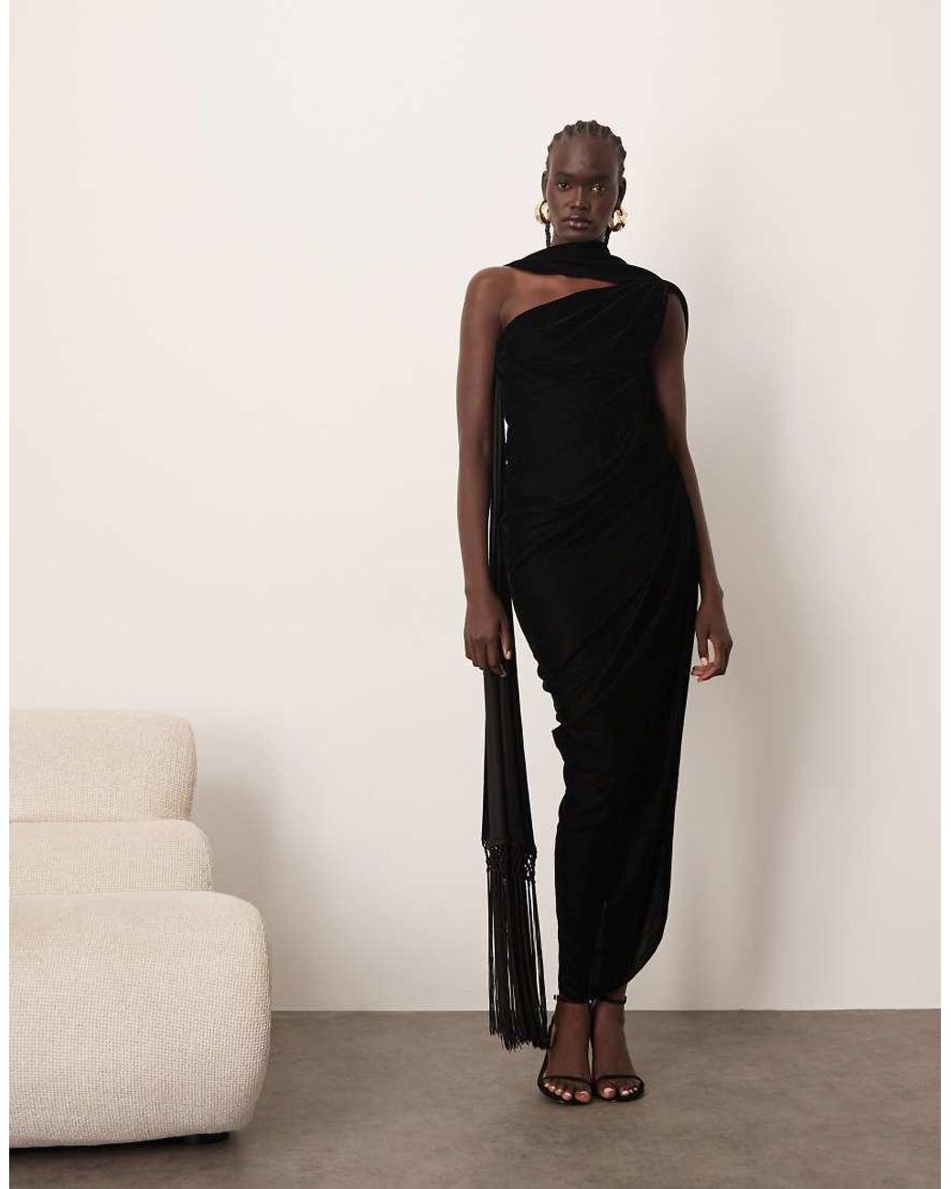 ARRANGE Black Scarf Neck Draped Velvet Maxi Dress With Low Back And Train