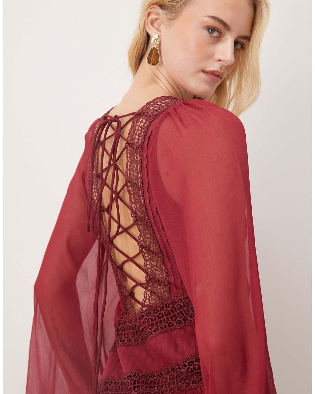 ASOS Red Asos Design Tall Long Sleeved Asymmetric Neckline Maxi Dress With Lace Trim