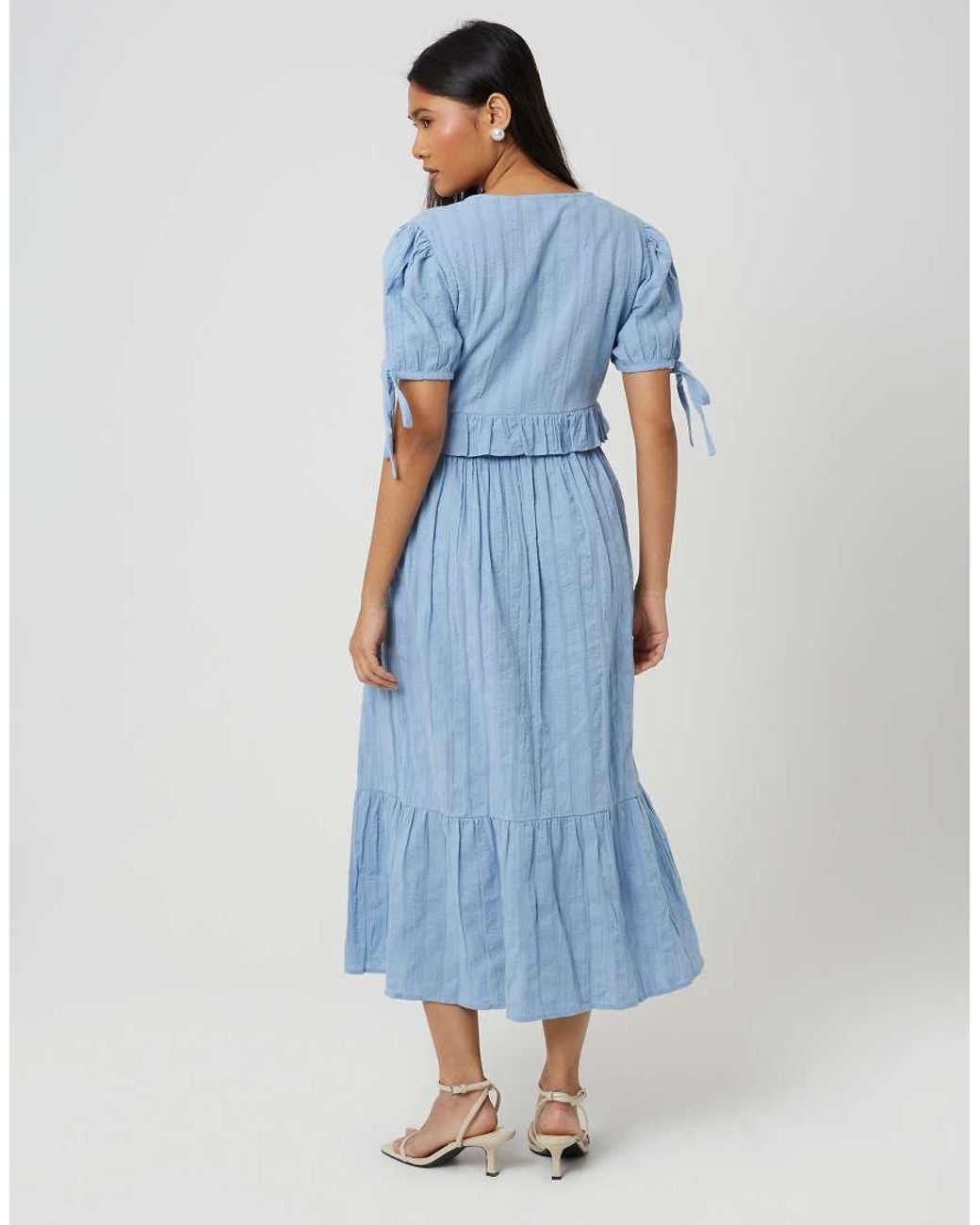 Brave Soul Blue Puff Sleeve Maxi Dress With Tie And Ruffle Details