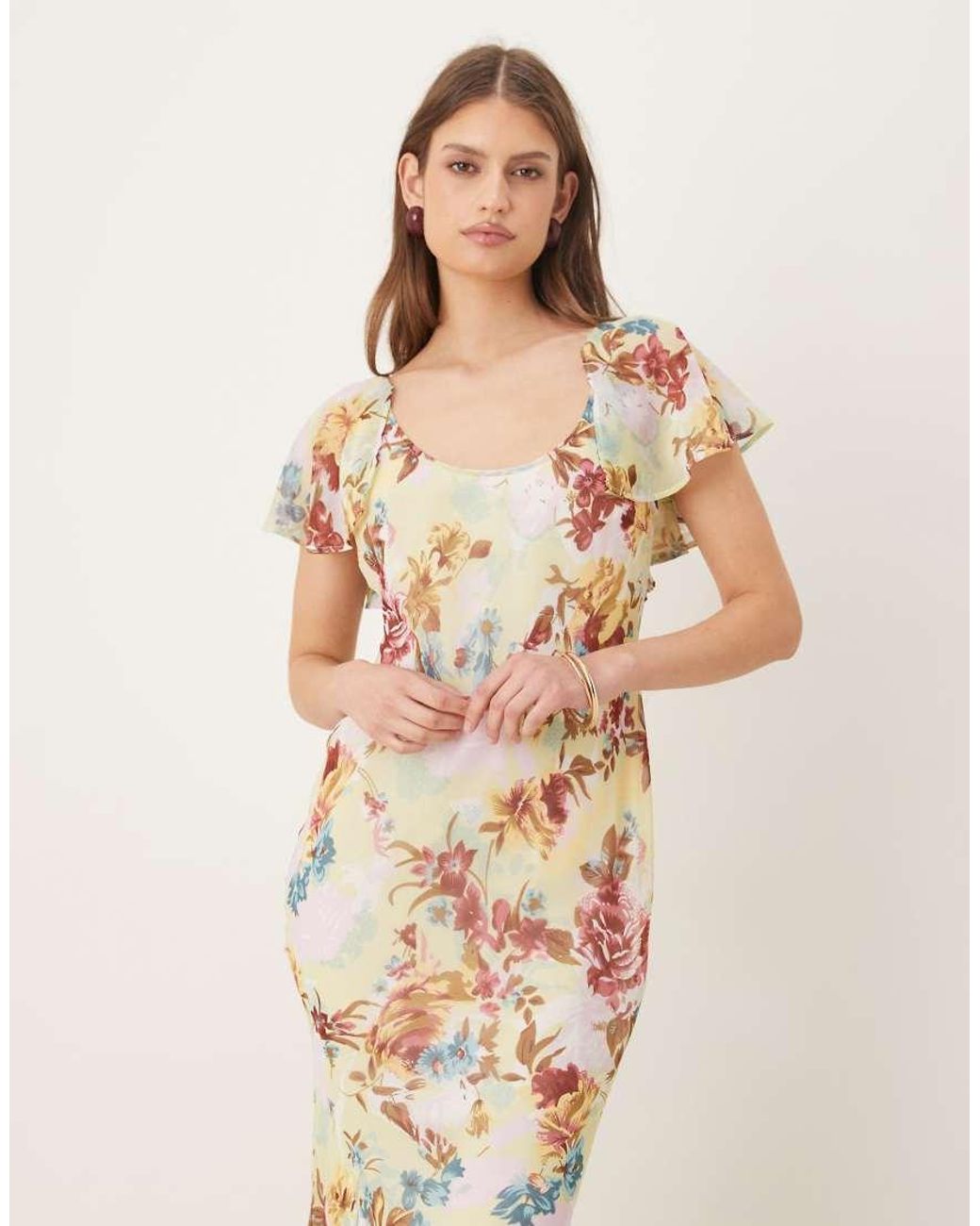 ASOS Natural Ruffle Sleeve Scoop Bias Maxi Dress