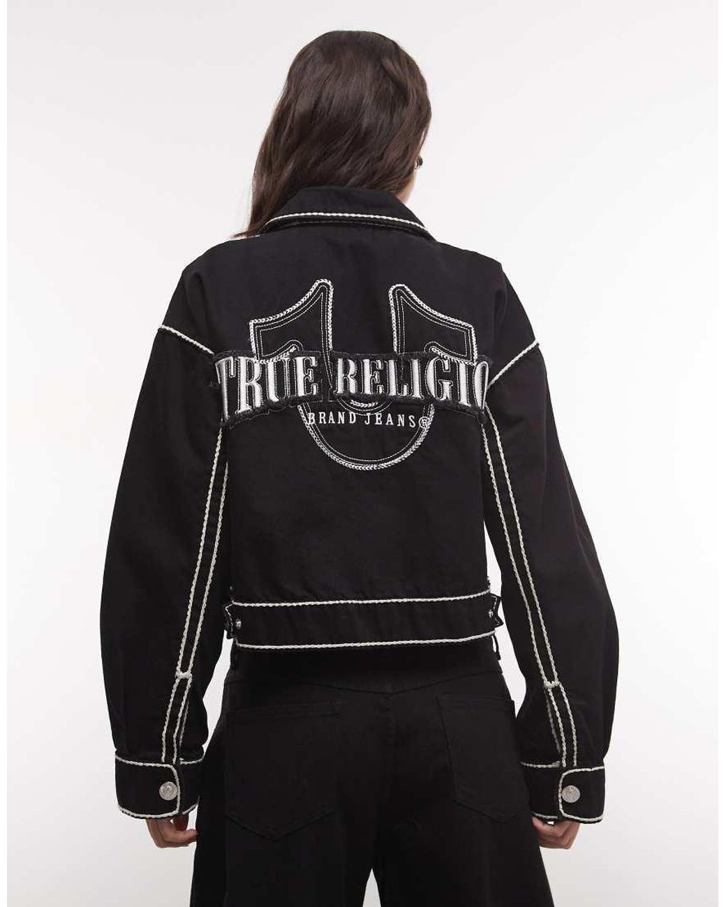True Religion Black Rope Stitch Back Graphic Denim Jacket