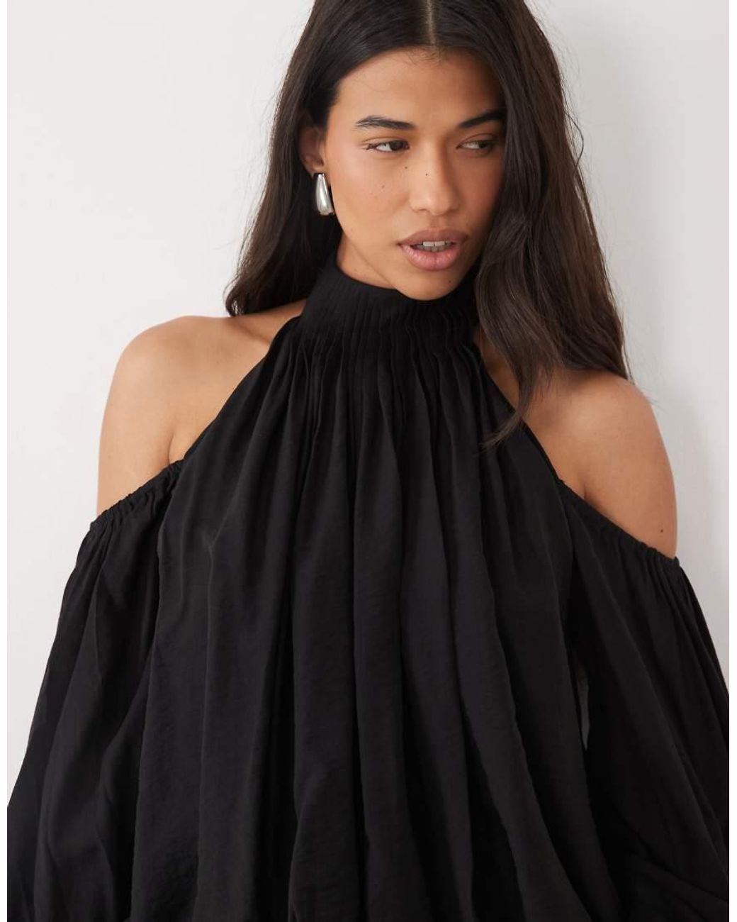 ASOS Black Blouson Cold Shoulder Mini Dress With Flippy Skirt