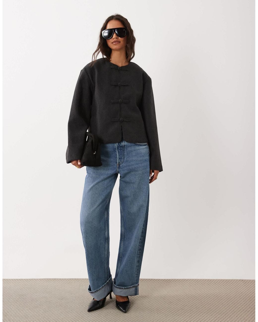 Mango Black Bomber Jacket With Mandarin Buttons