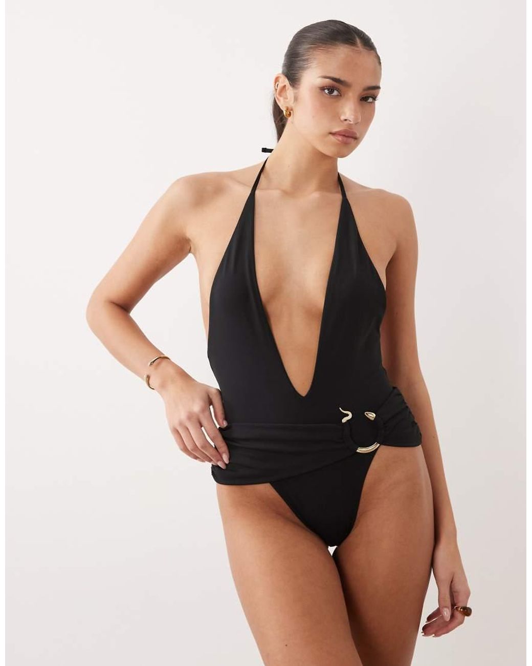 Oh Polly Black Snake Trim Plunge Halter Neck Swimsuit