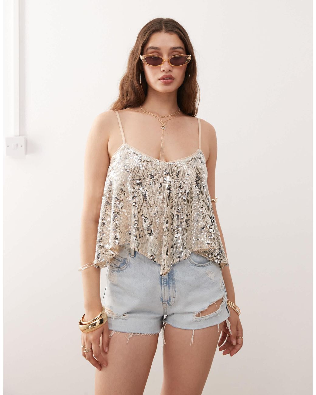 Miss Selfridge Metallic Sequin Structured Cami Top-gold