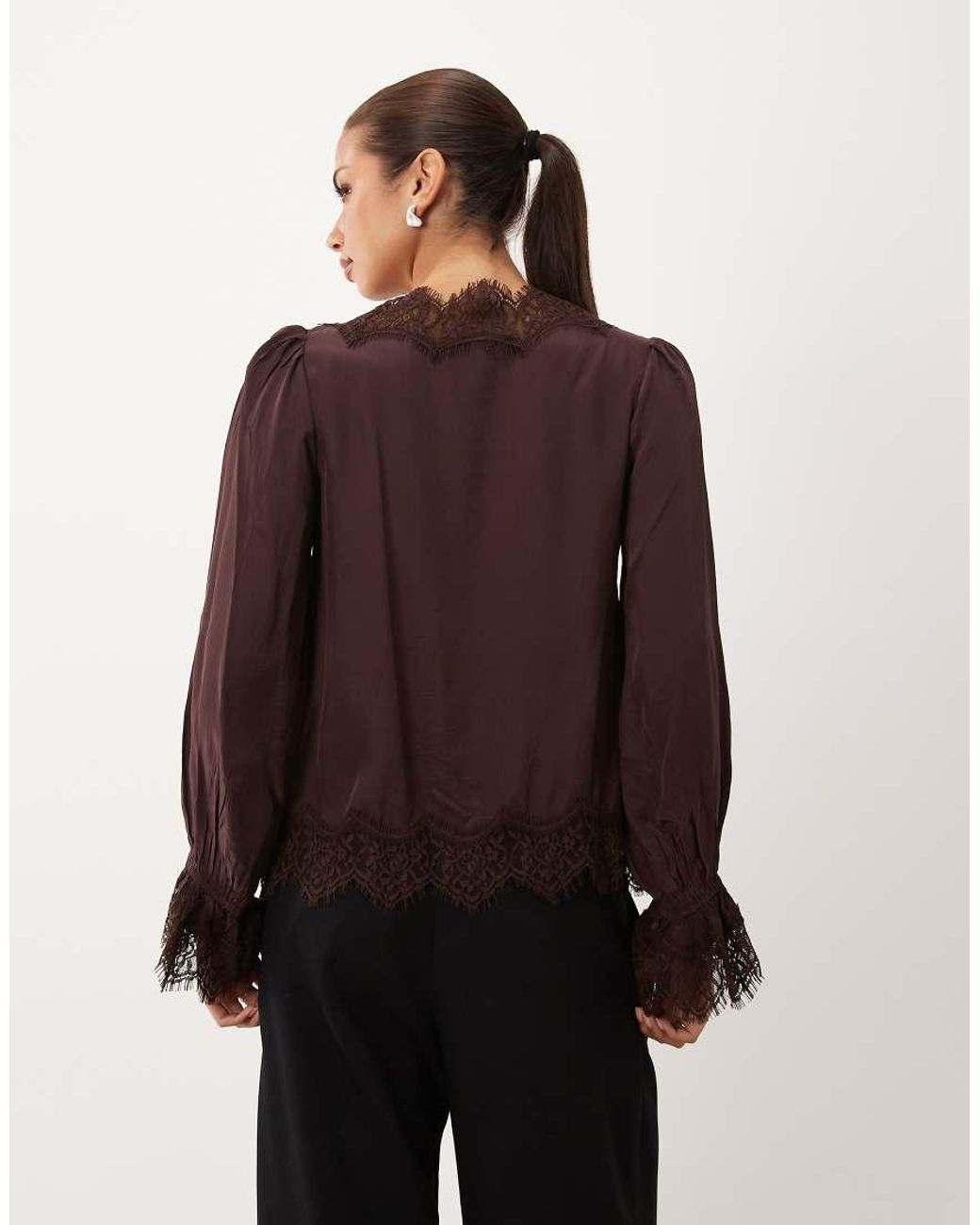Nobody's Child Brown Wilde Satin Lace Detail Tie Bust Long Sleeve Blouse