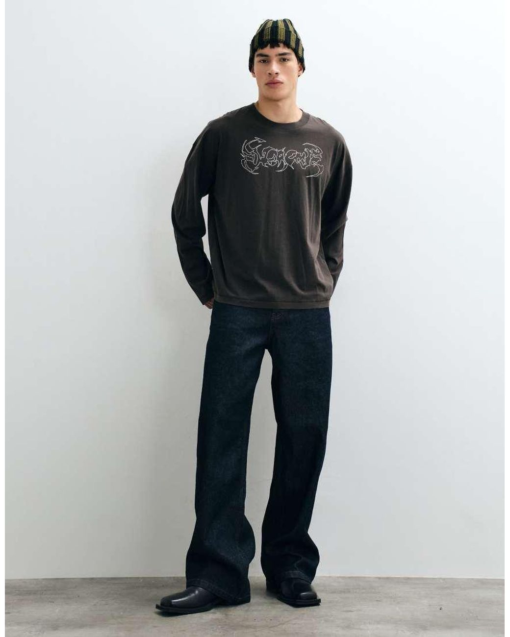 Weekday Black Oversized Long Sleeve T-shirt With Abstract Text Print for men