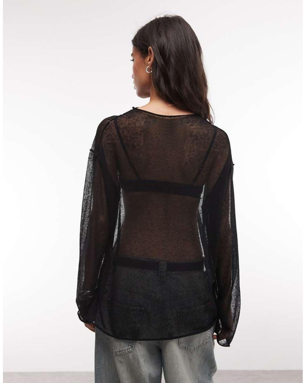 Weekday Gray Linen Blend Oversized Sheer Mock Neck Jumper