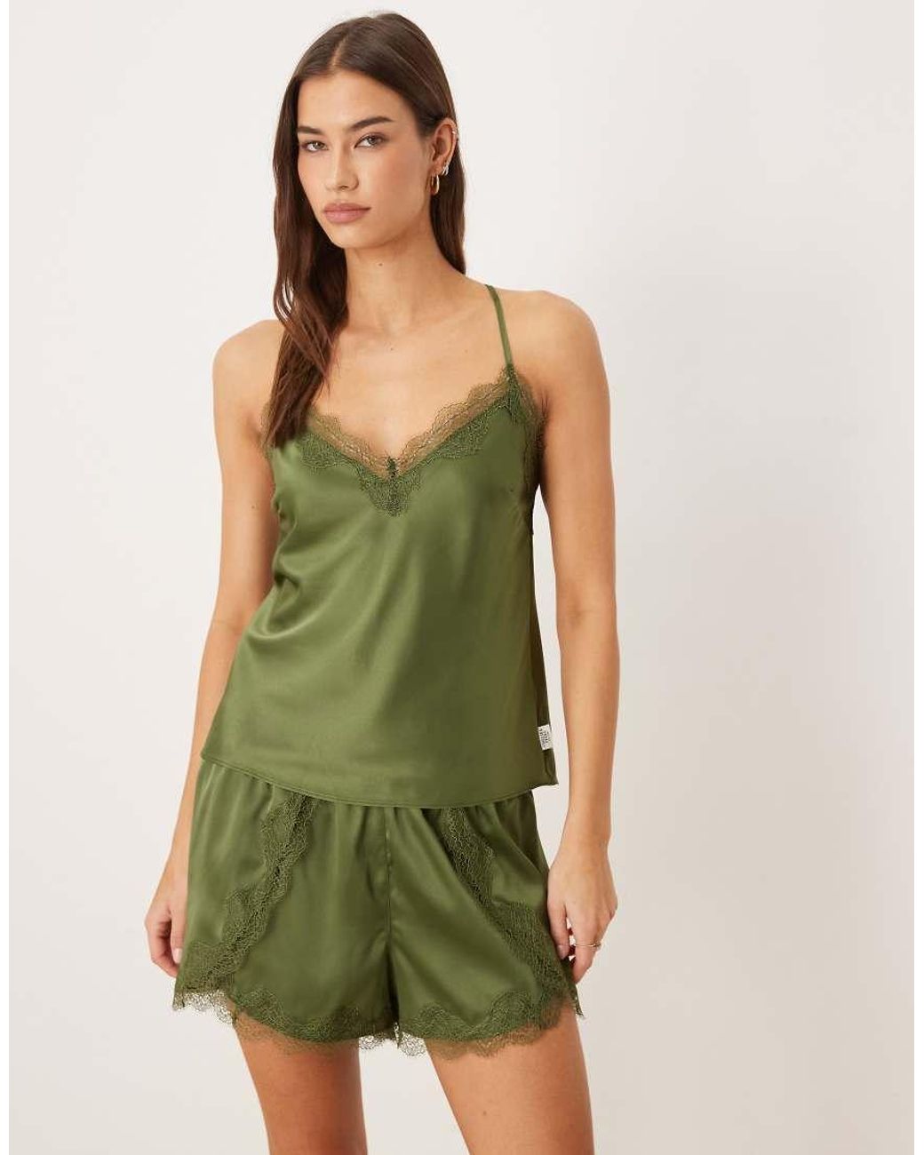 Chelsea Peers Green Bridesmaids Satin Cross Back Cami Top And Tulip Hem Shorts Sleepwear Set