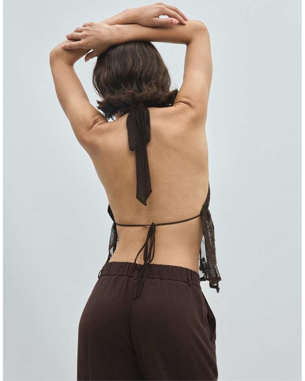 Stradivarius Brown Embroidered Halter Top With Rhinestones