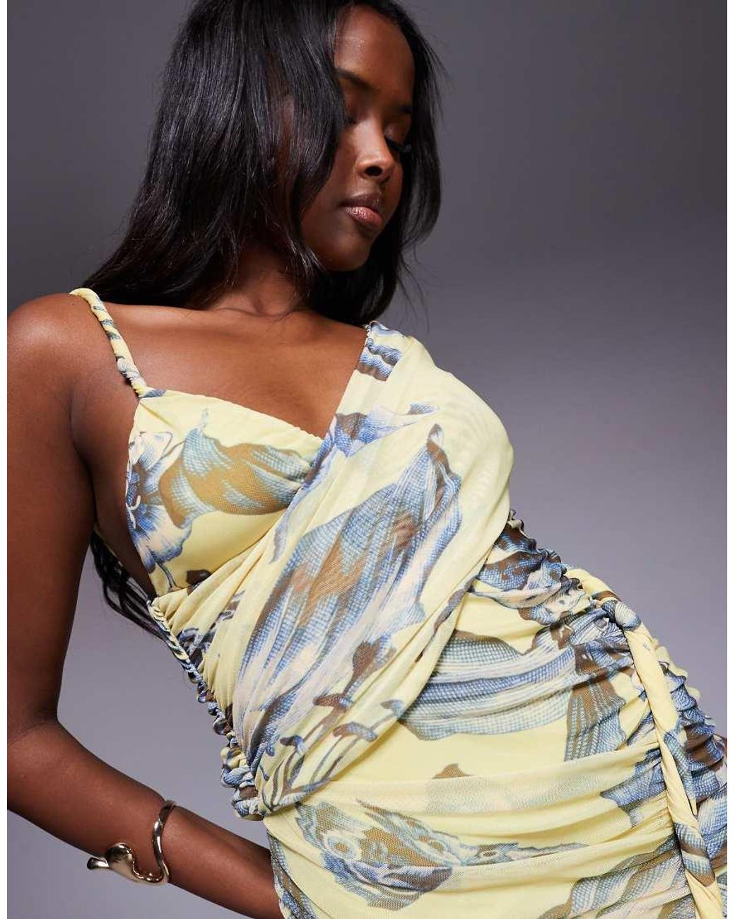 ASOS Blue Printed Mesh One Shoulder Ruched Maxi Dress