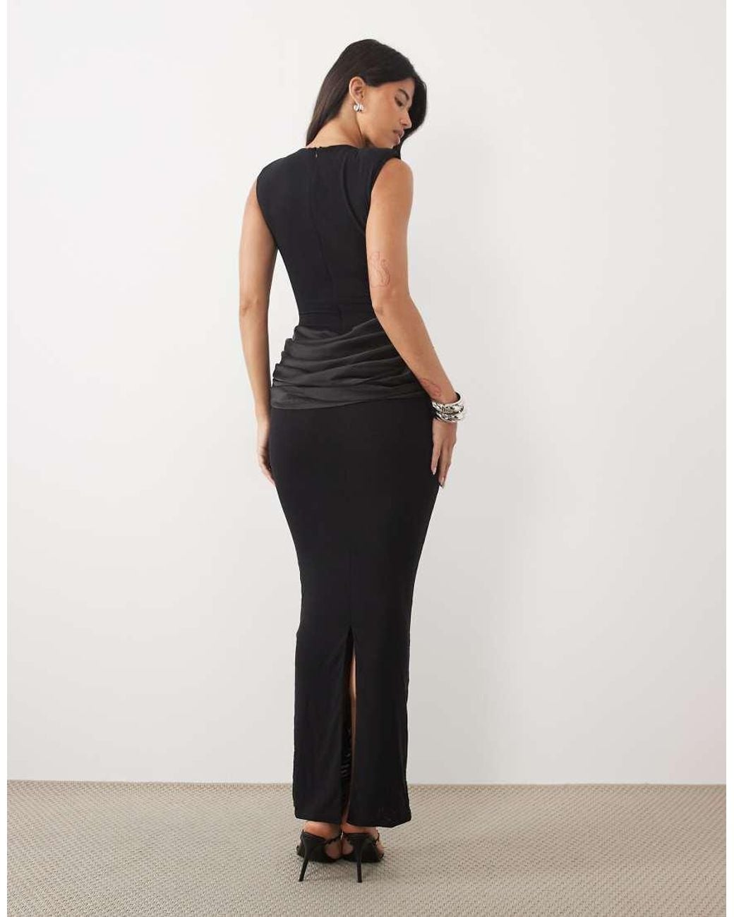 Wanderdoll Black Eman Sleeveless Slash Neck Satin Draped Waist Detail Bodycon Maxi Dress