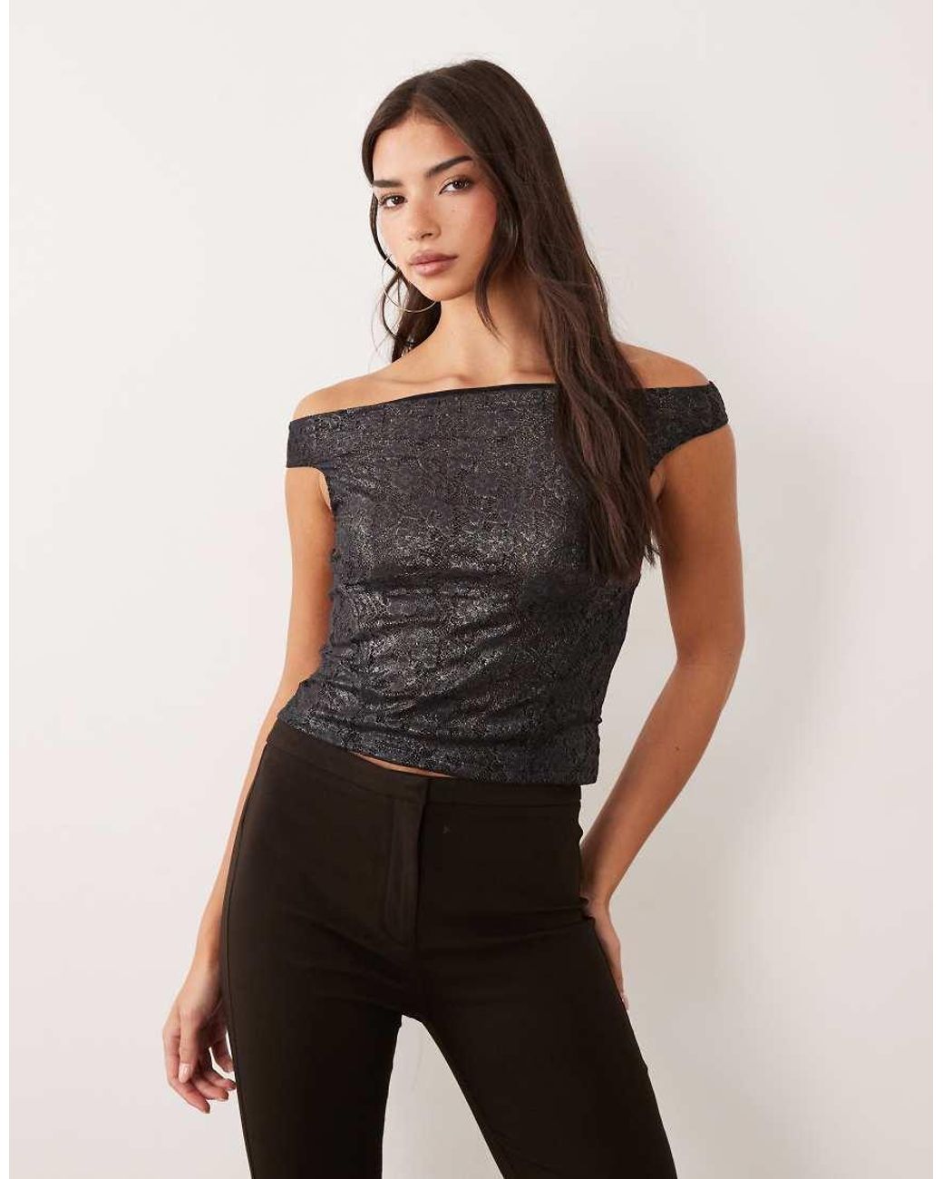 ASOS Black Co-ord Foiled Lace Shoulder Grazer Top
