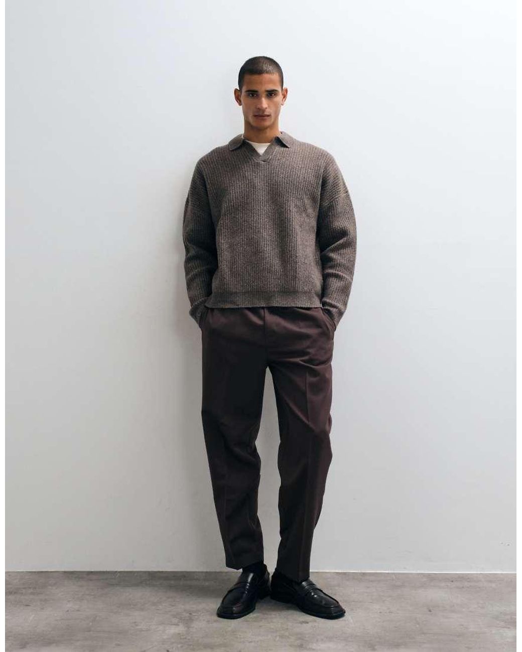 ASOS Gray Super Oversized Knitted Wool Blend Rib Notch Neck Jumper for men