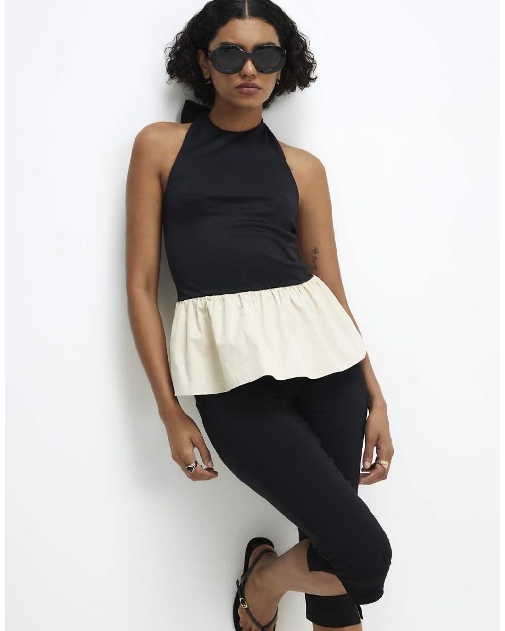 River Island Black Racer Neck Hybrid Peplum Top