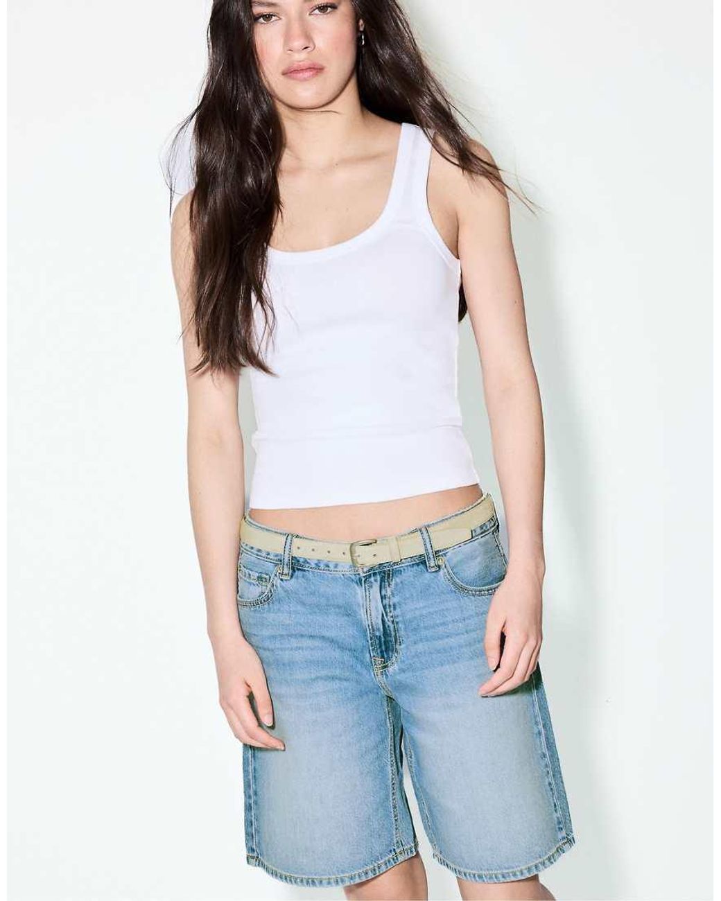 Stradivarius Blue Belted Denim Bermuda Shorts