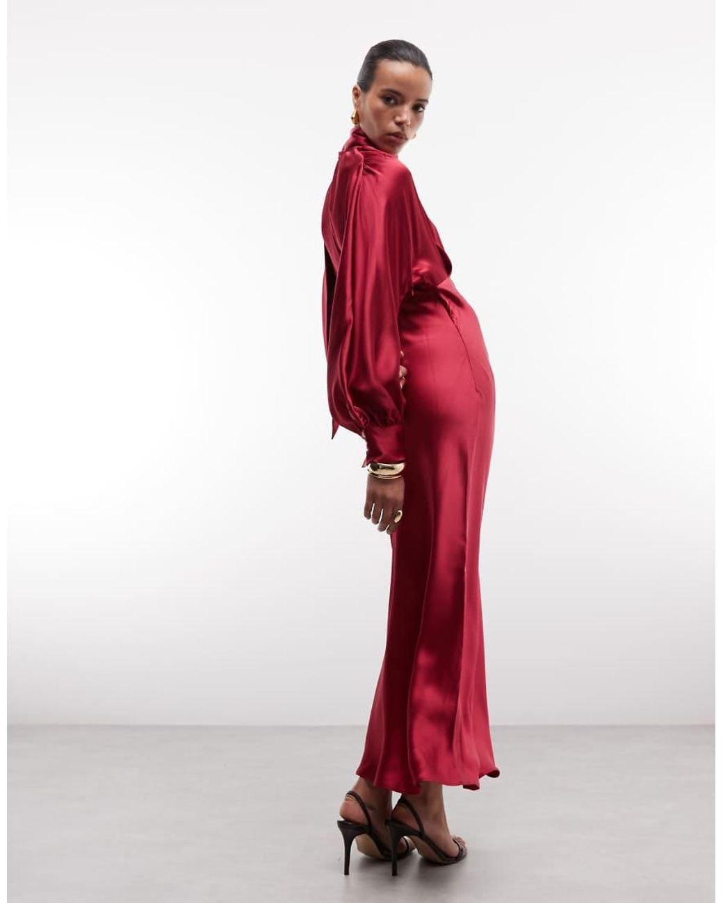 & Other Stories Red Satin Maxi Dress With Volume Sleeves And Detachable Scarf
