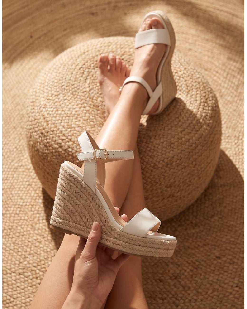 SEQWL White Espadrille Wedge Heel Sandals With Ankle Buckle Strap
