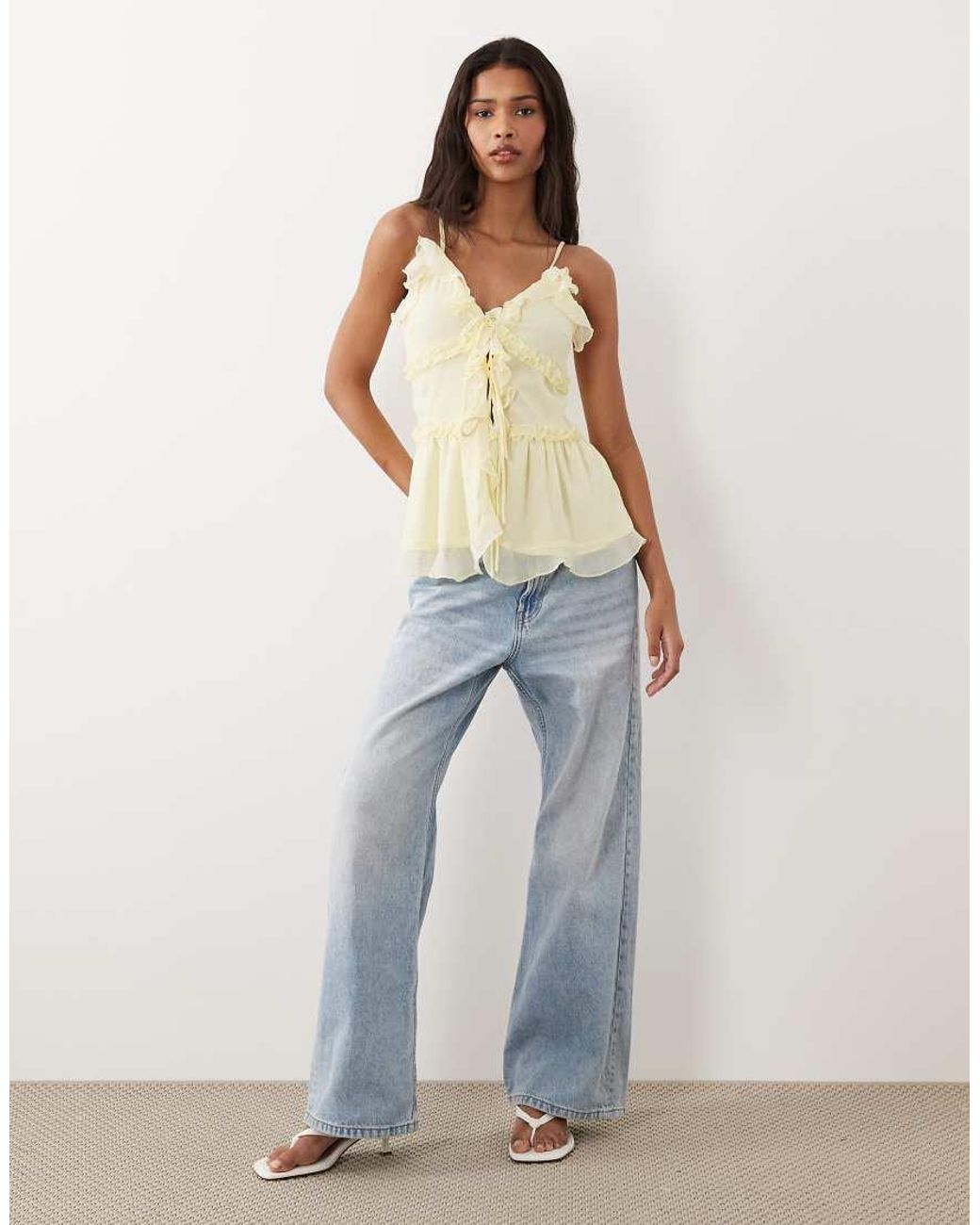 Vila Natural Tie Front Cami Top With Frill Trim