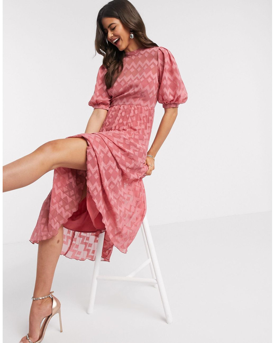 knee length dresses for ladies ASOS DESIGN High Neck Pleated Chevron Dobby Midi Dress With Puff Sleeve In  Forest Green