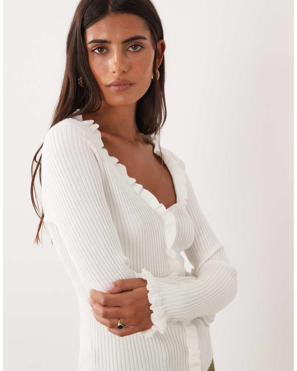 Mango White Frill Detail V Neck Cardigan