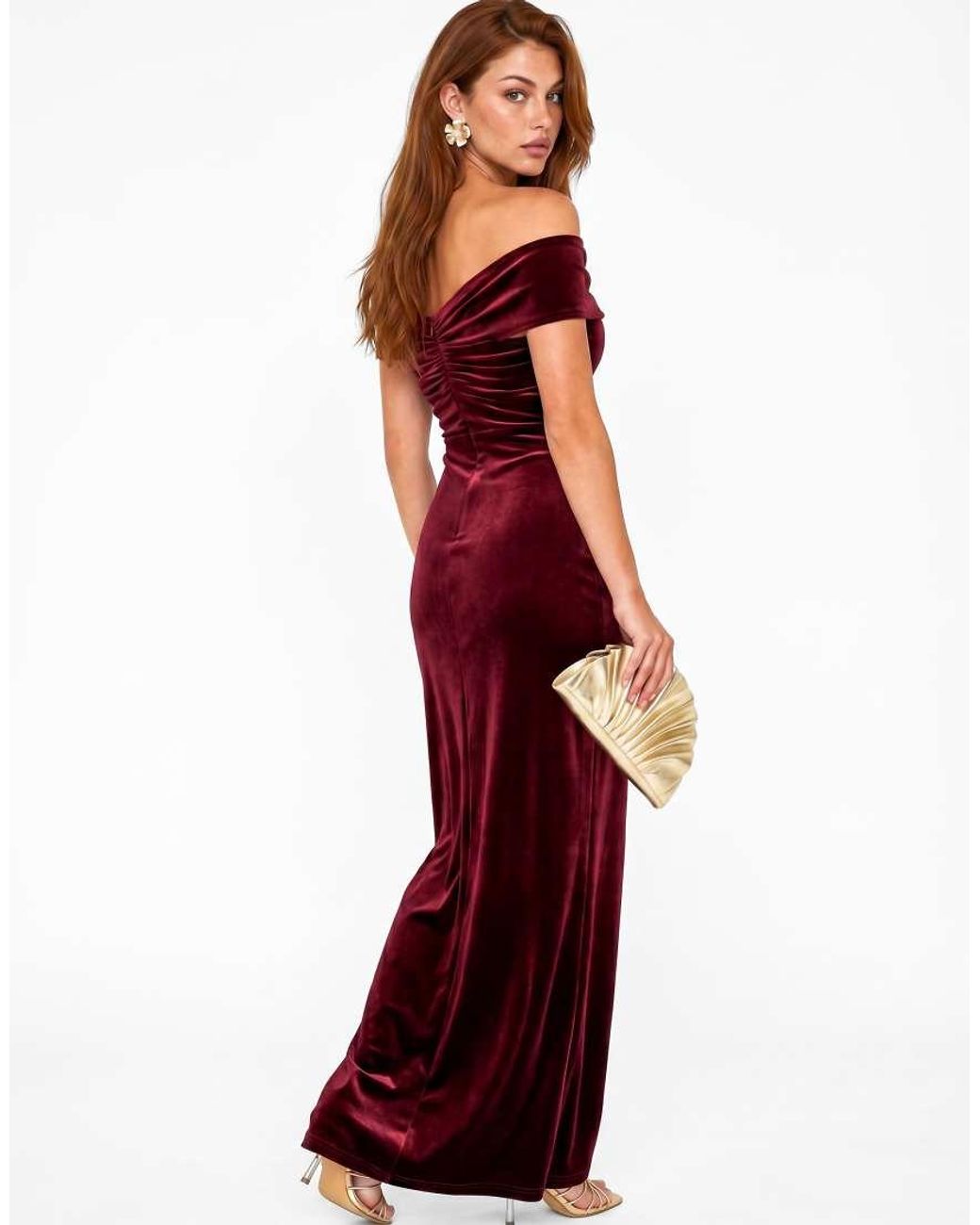 Maya Red Twist Front Bardot Velvet Maxi Dress