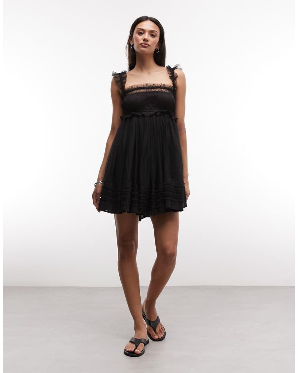 AllSaints Black Angela Sleeveless Lace Ruched Mini Babydoll Dress