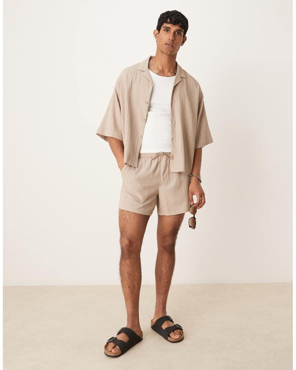 ASOS Natural Co-ord Textured Boxy Oversized Revere Shirt for men