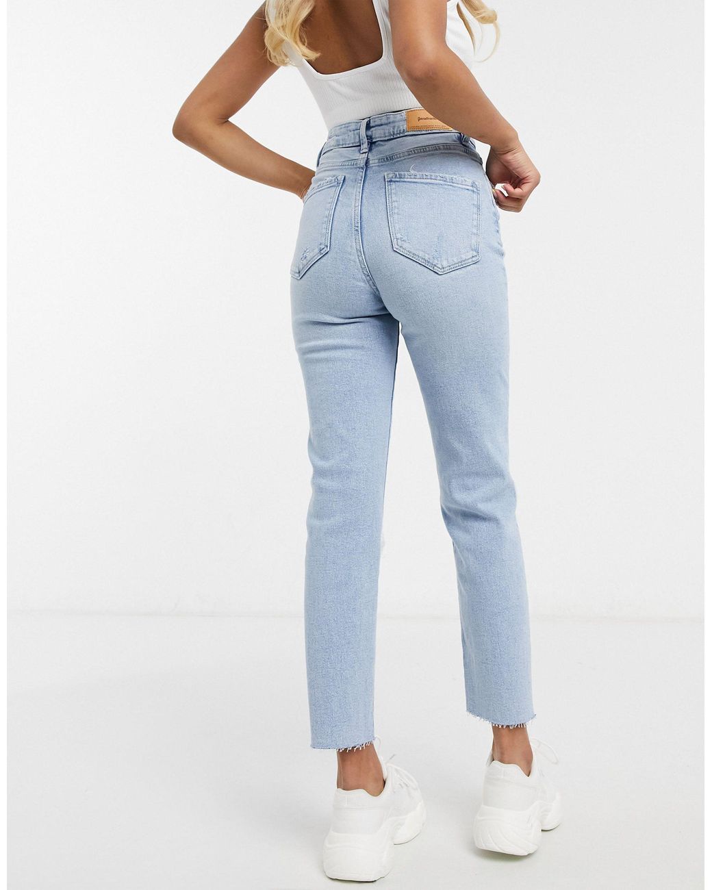 Stradivarius Petite Cotton Slim Mom Jean With Stretch And Rip in Blue | Lyst