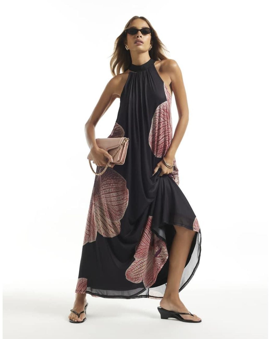 River Island Blue Halter Neck Floral Print Maxi Dress