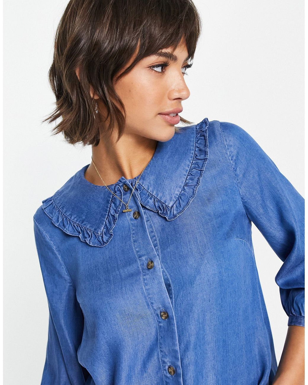 Whistles Denim Shirt With Frilled Hem Peter Pan Collar in