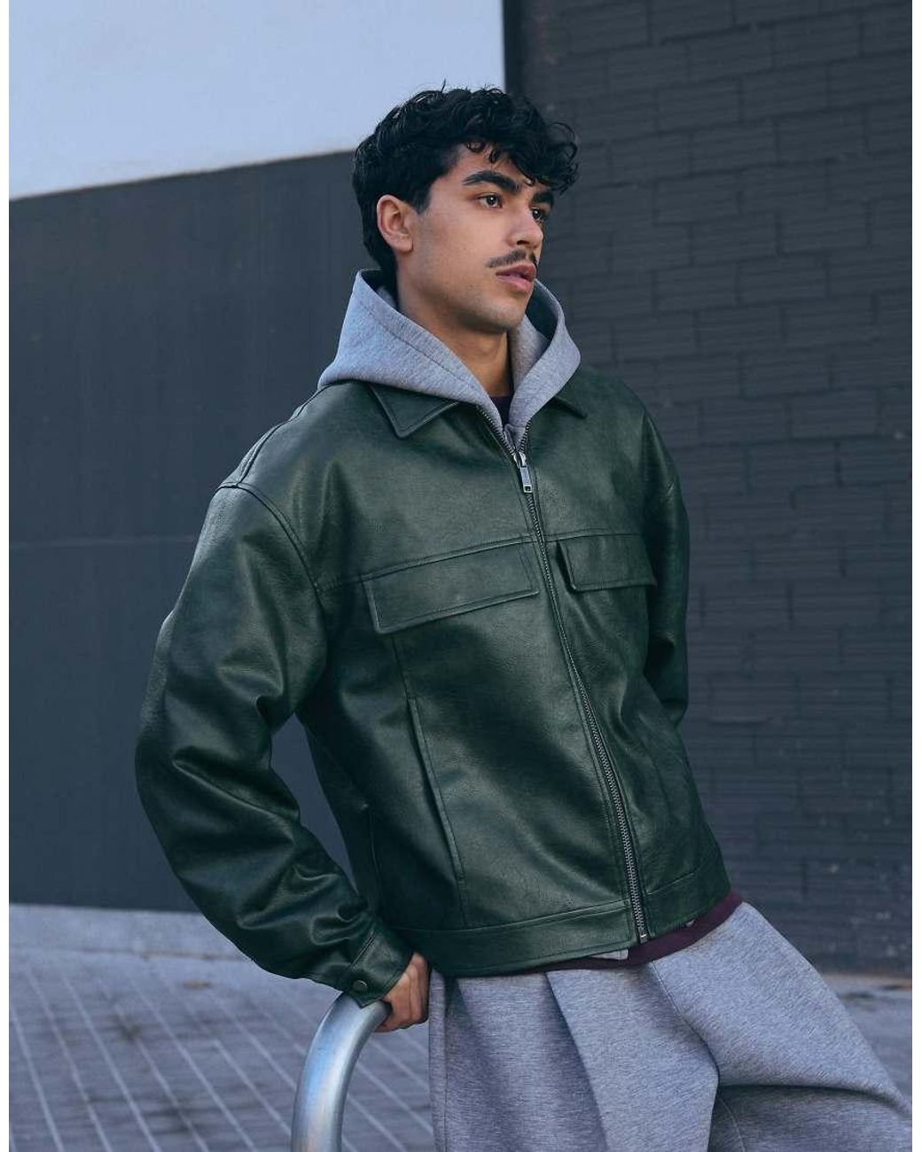 Bershka Green Boxy Faux Leather Jacket for men